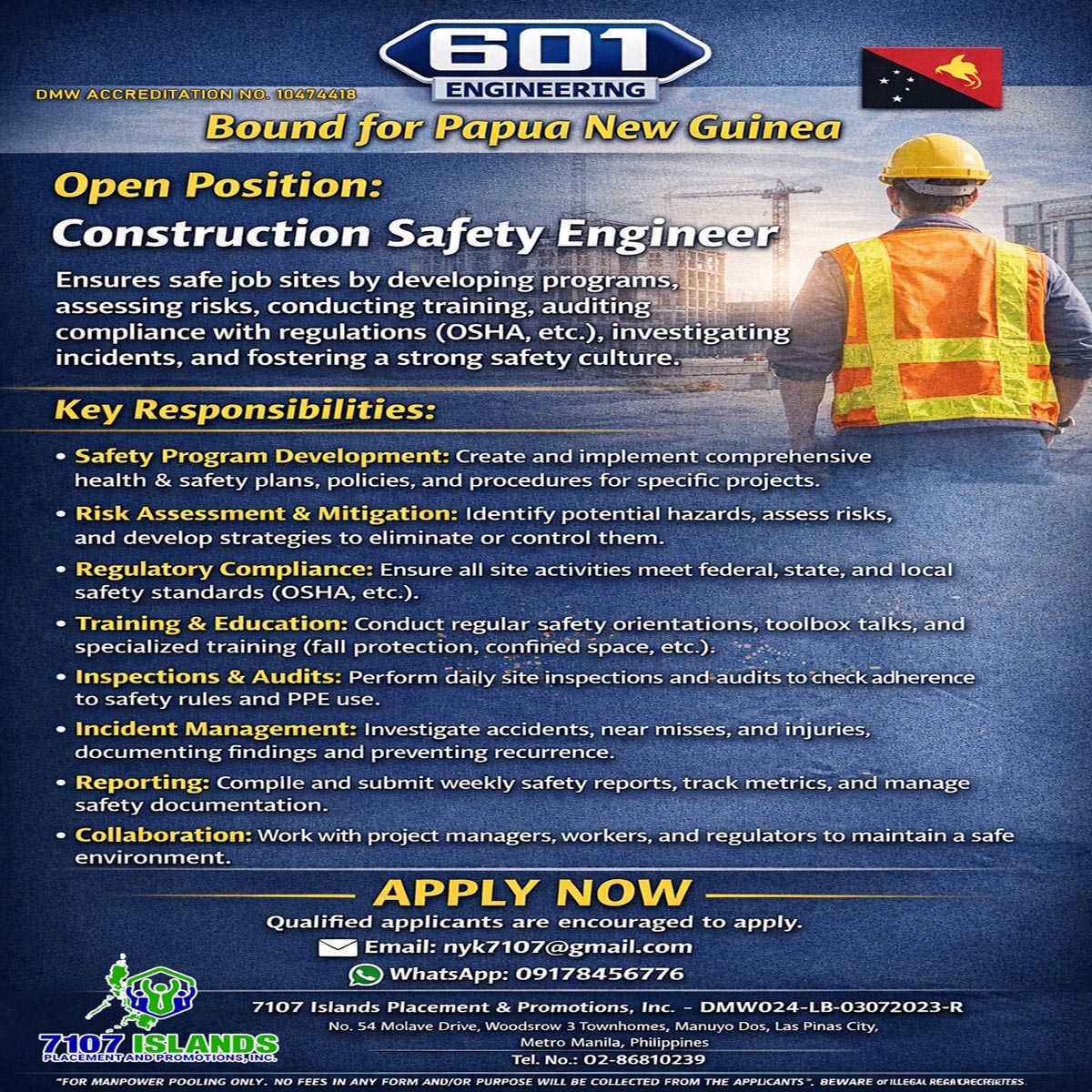 CONSTRUCTION SAFETY ENGINEER in Papua New Guinea